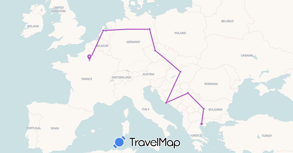 TravelMap itinerary: plane, train in Bulgaria, Czech Republic, Germany, France, Greece, Croatia, Hungary, Netherlands, Serbia (Europe)